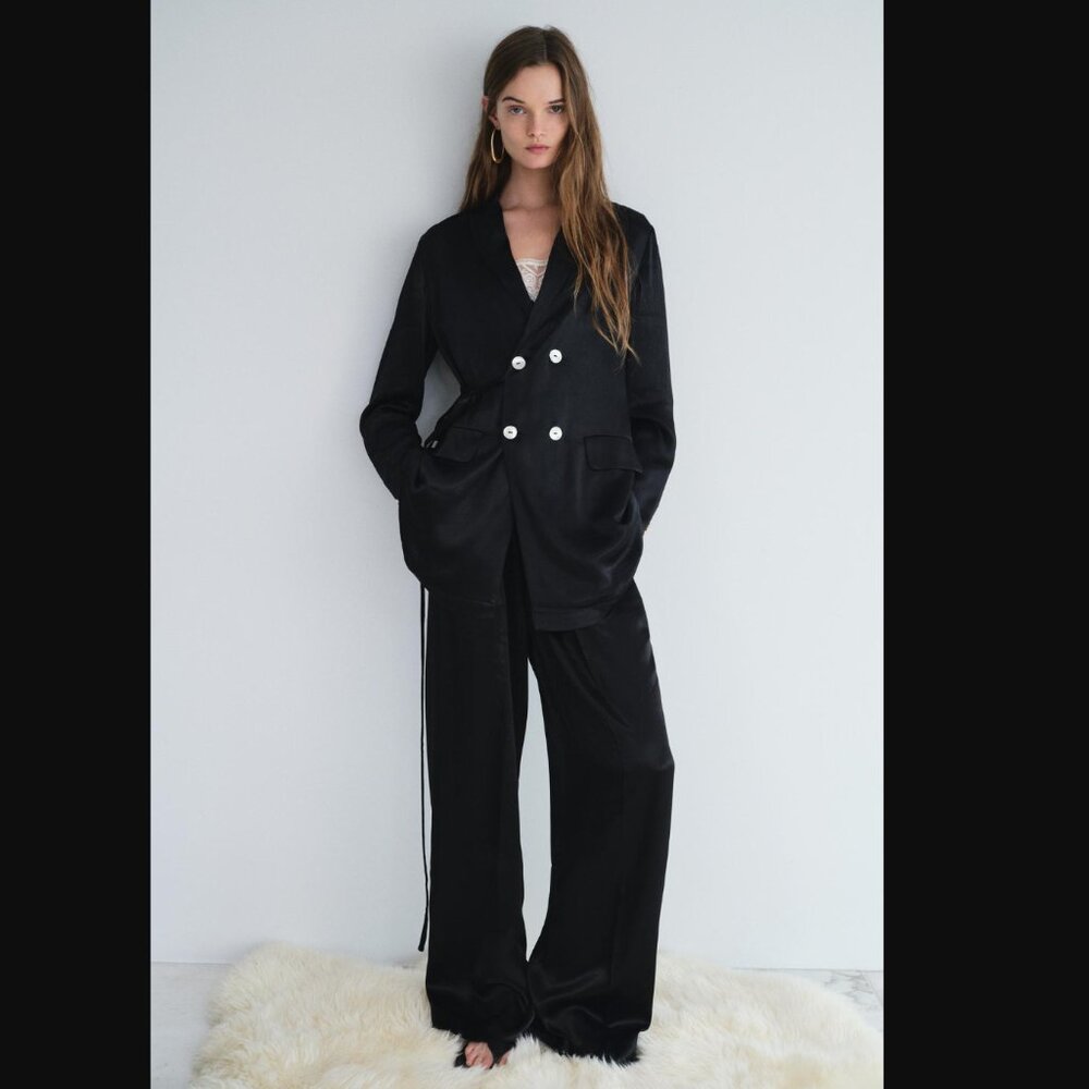 NWT ZARA 2 PIECES MATCH SET SUIT FLOWY DOUBLE BREASTED BLAZER + PANTS BLACK